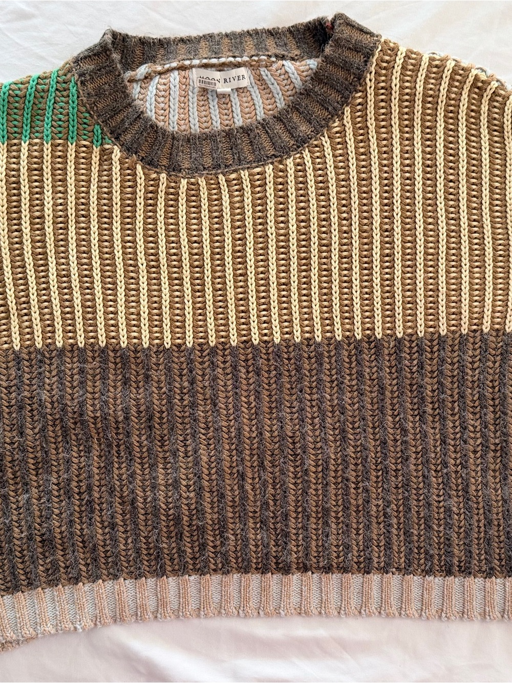 Moon River Colorblock Ribbed Crewneck Sweater in Brown, Cream and Green